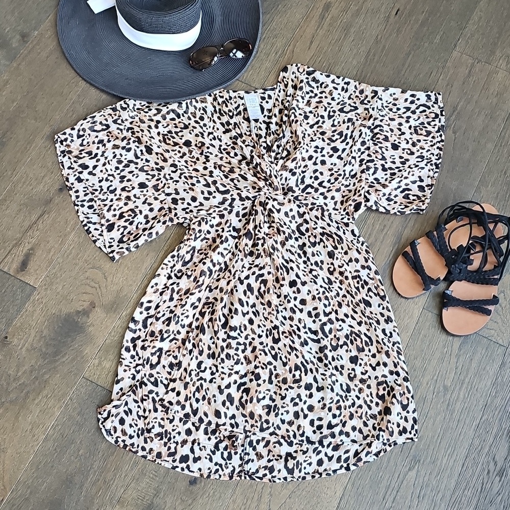 Time and Tru Leopard Sheer Cover Up Dress Size M Twist Front Beachwear